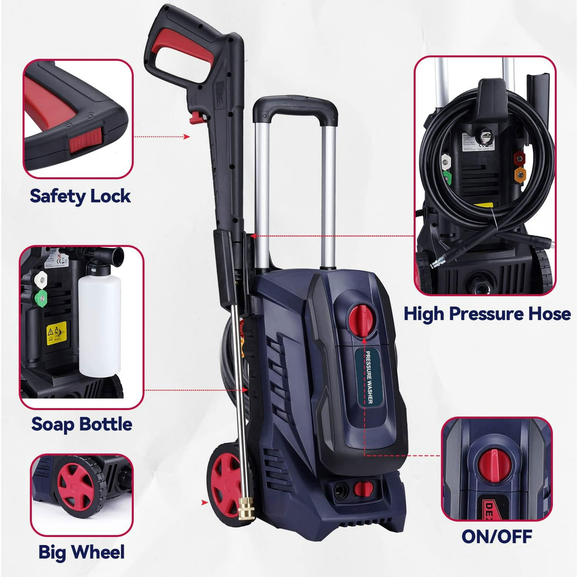 Electric Pressure Washer 2900 PSI, Max. 1.8 GPM Power Washer 25 ft Hose, 4 Quick Connect Nozzles, Foam Cannon, Clean Patios, Cars, Fences, Driveways - Image 4